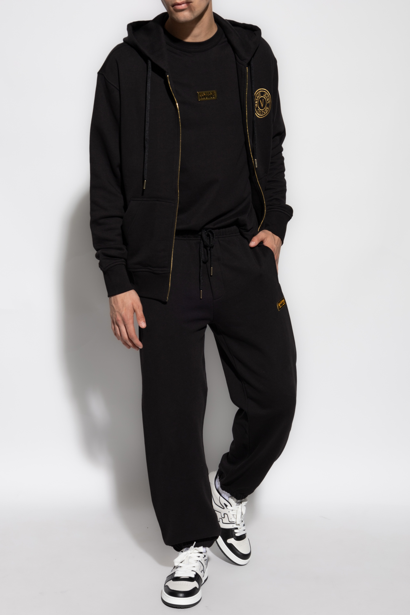 Shop Versace Jeans Logo-embroidered Zip-up Hoodie In Black