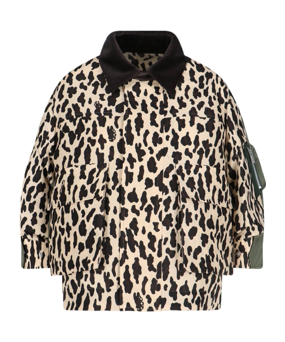Sacai Short Jackets With Collared Neck And Animal Print In Black