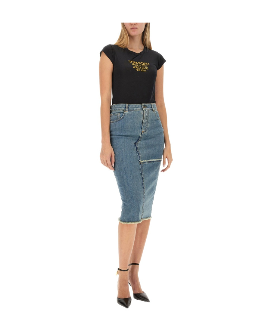 Tom Ford Frayed Pencil Midi Skirt In Multicolor