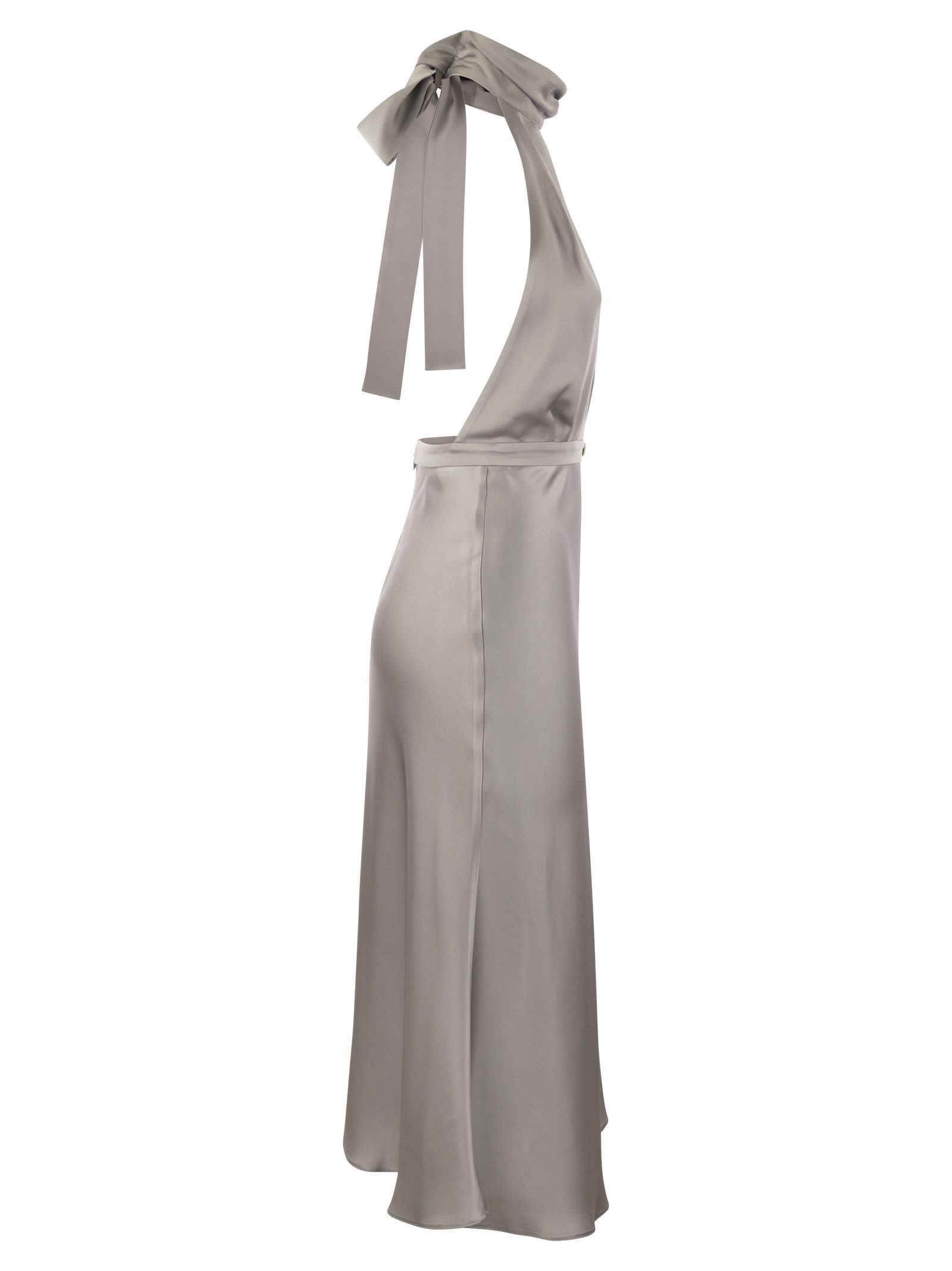 Elisabetta Franchi Satin Midi Dress With Asymmetric Skirt In Gray