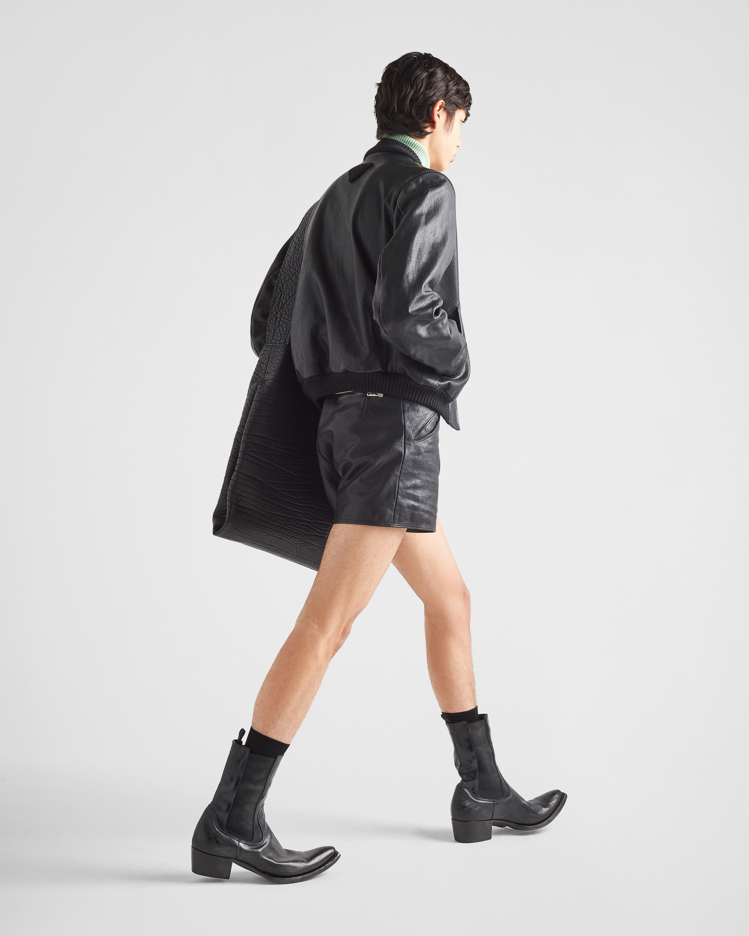 Prada Logo-patch Leather Bomber Jacket In Black