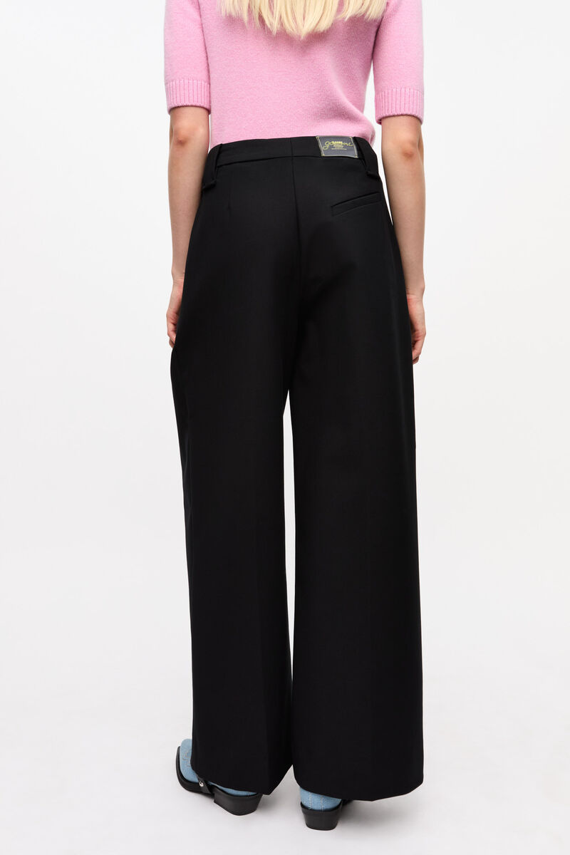 Ganni Black Heavy Cotton Tailoring Mid Waist Trousers In Black