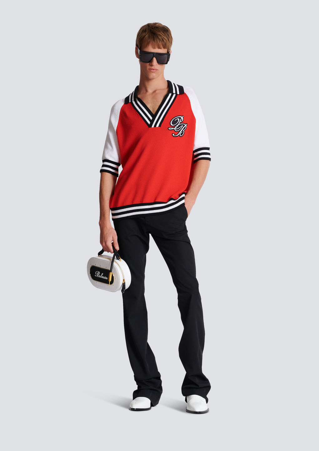 Balmain Signature Knitted Polo Top In Red