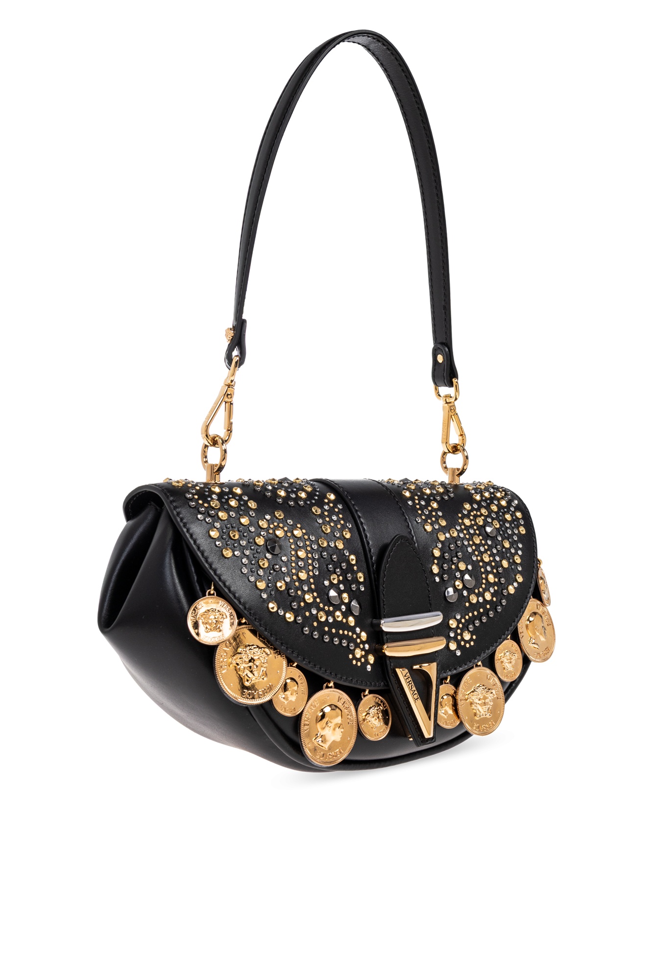 Versace Virtus Medium Coin-embellished Leather Shoulder Bag In Black