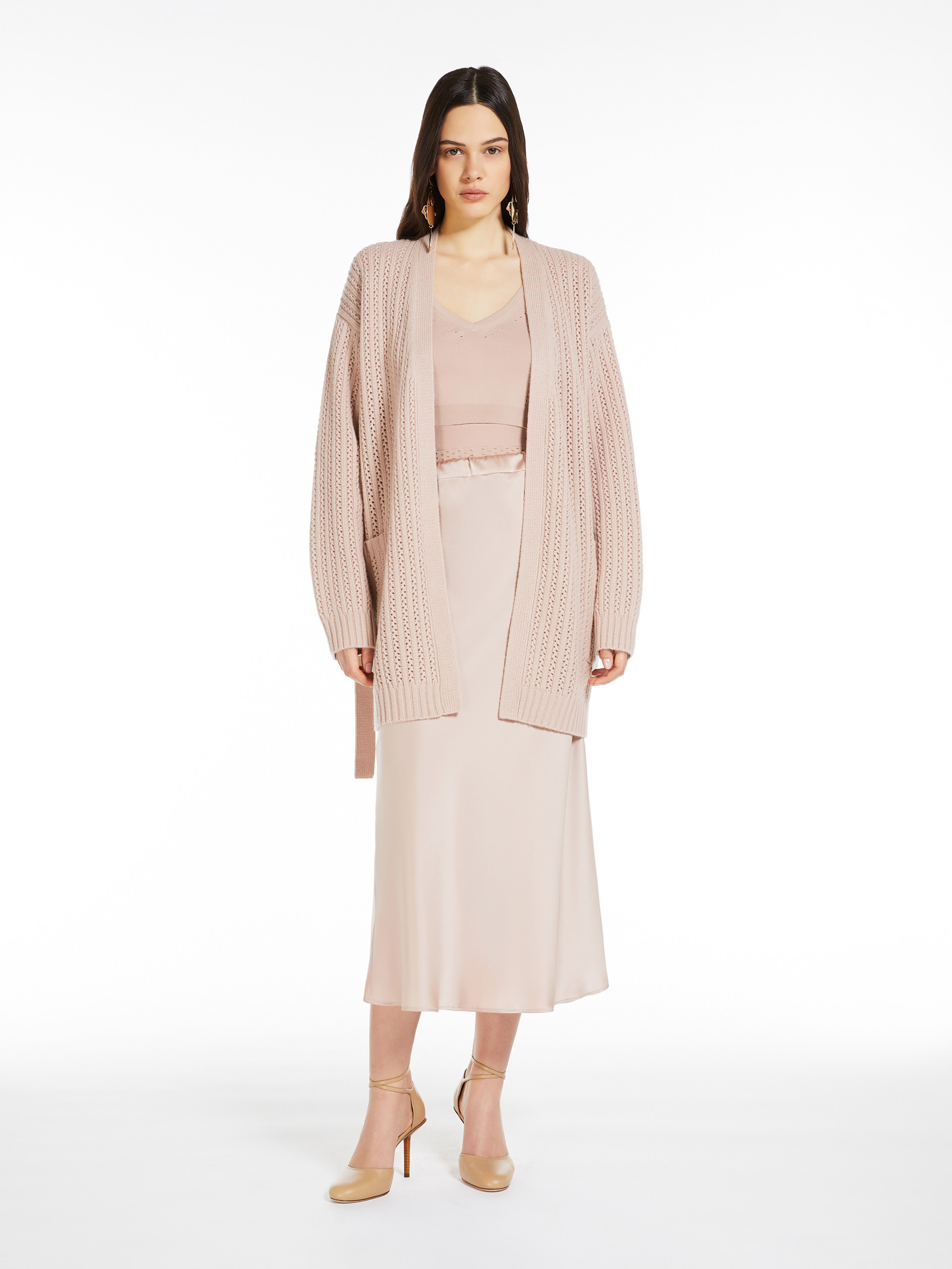 Shop Max Mara Balzac Belted Long-sleeved Cardigan In Nude