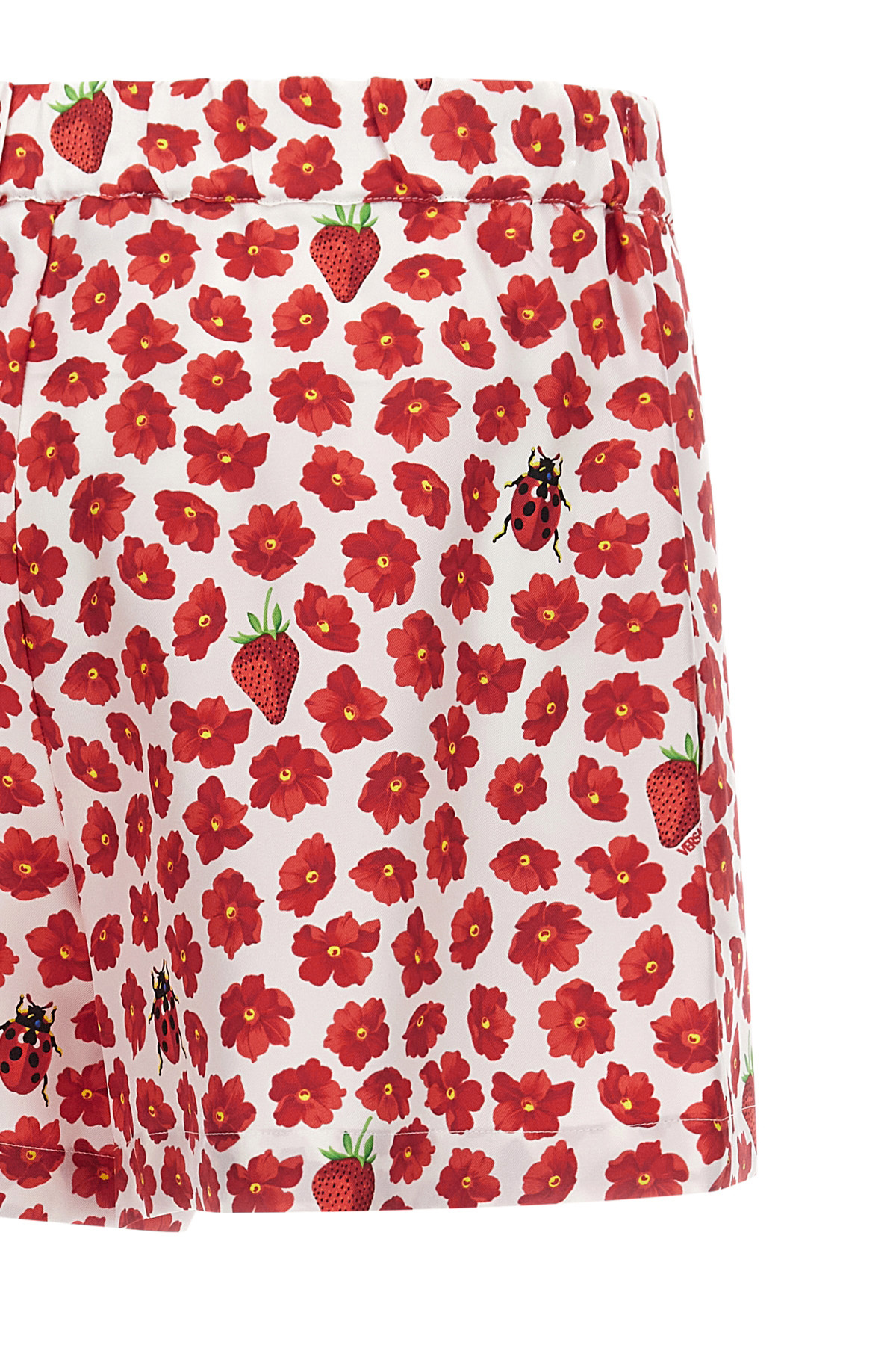 Versace 'floral Ladybug Strawberry' Elastic Waistband Shorts In Pink