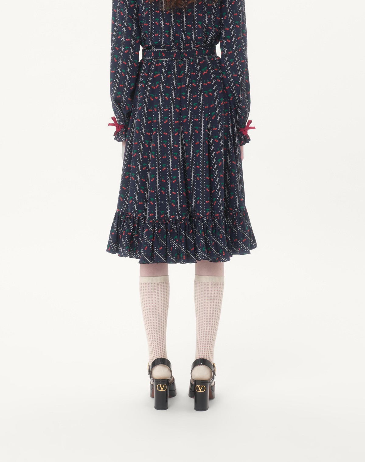 Valentino Crepe De Chine Midi Skirt With Cherryfic Print In Black