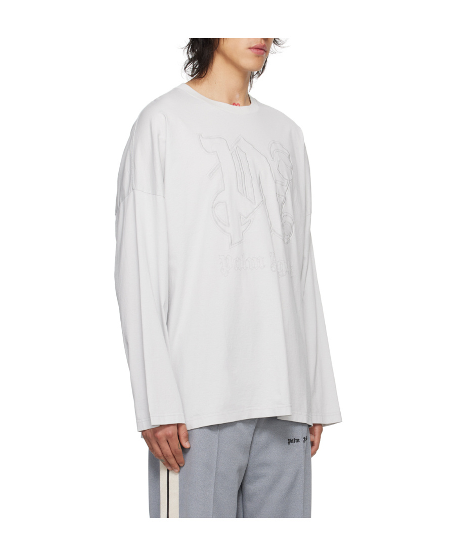 Palm Angels Gray Monogram Long Sleeve T-shirt In White