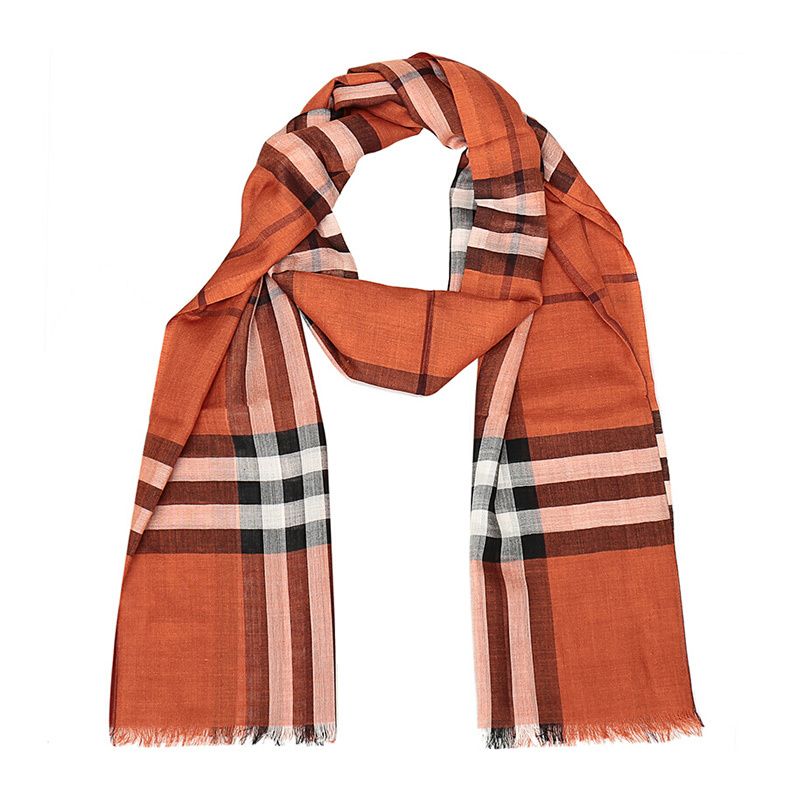 Burberry Orange Plaid Silk Wool Blended Scarf In Multicolor