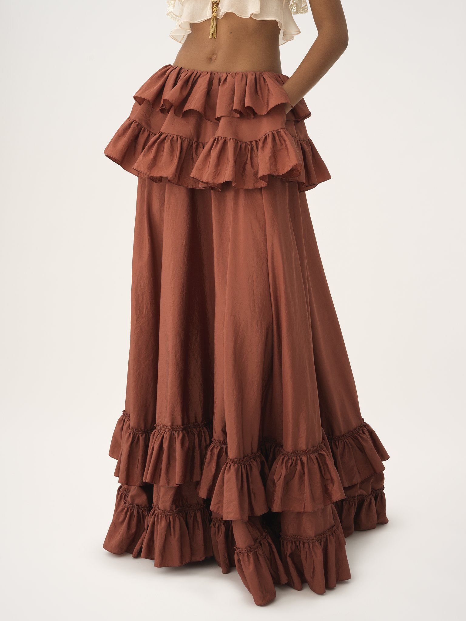 Chloé Ruffled Tiered Silk-taffeta Maxi Skirt In Brown