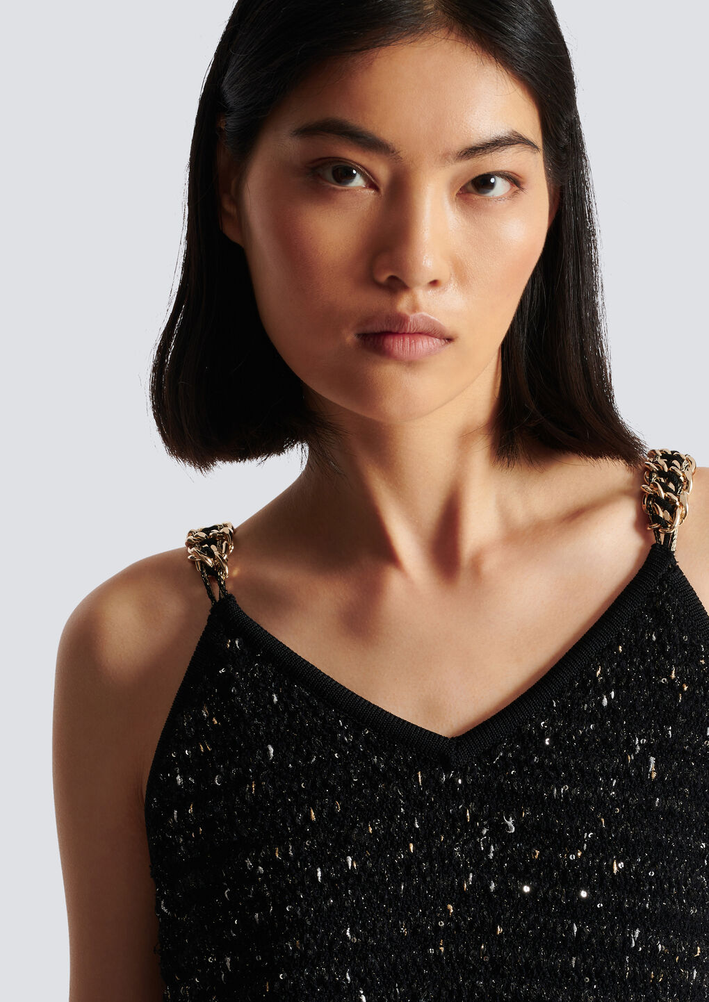 Balmain Chain-embellished Fringed Sequined Bouclé-tweed Mini Dress In Black