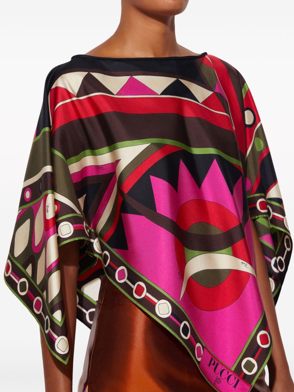Pucci Abstract Boat Neckline Silk Loose Fit Top In Red