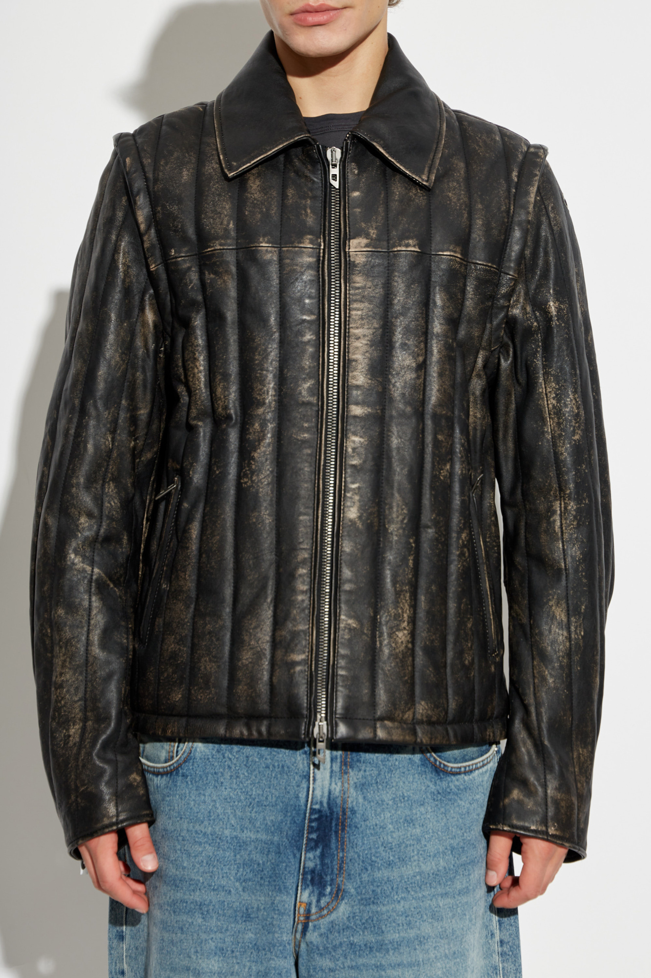 Diesel Albert Distressed Leather Moto Jacket In Black