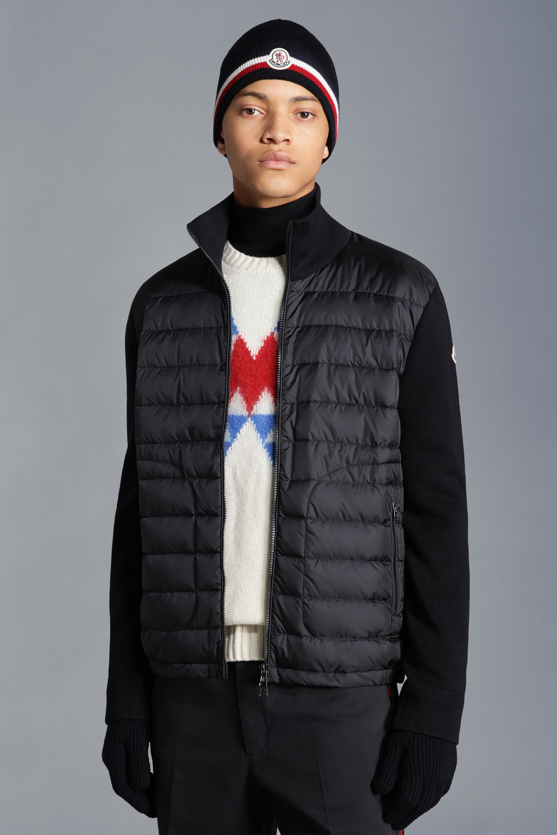 Moncler Padded Wool Cardigan, Men, Black, Size: Xxl In Blue