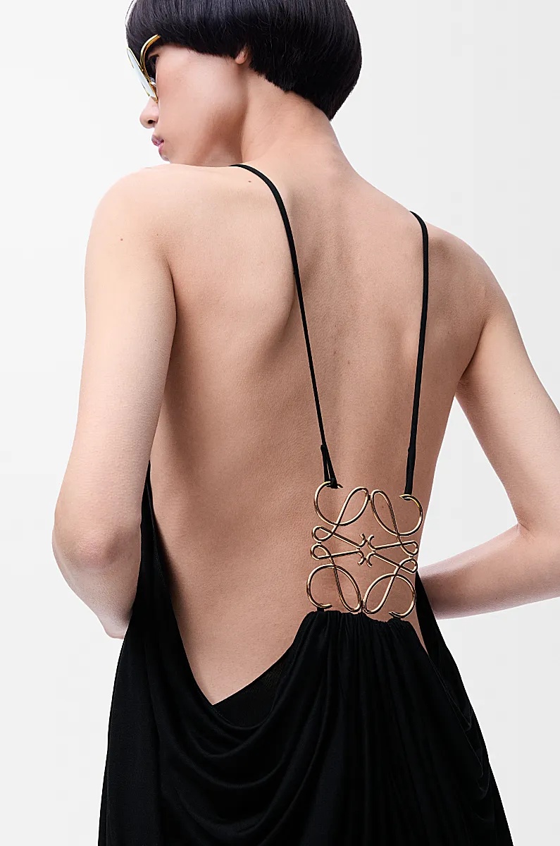 Loewe Womens Black Draped Anagram-hardware Silk Midi Dress In Black