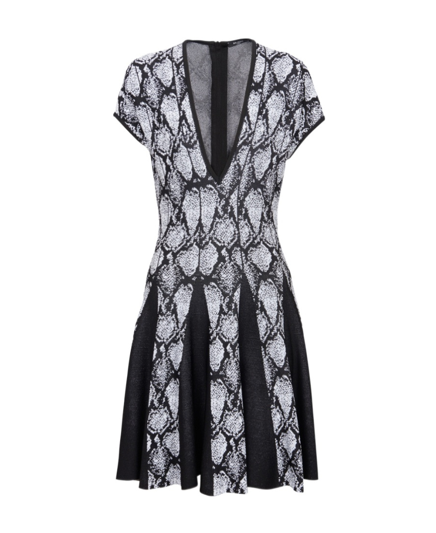 Balmain Short-sleeve Python Jacquard-knit Skater Dress In Gray