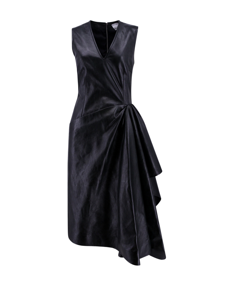 Bottega Veneta Draped Leather Midi Dress In Black