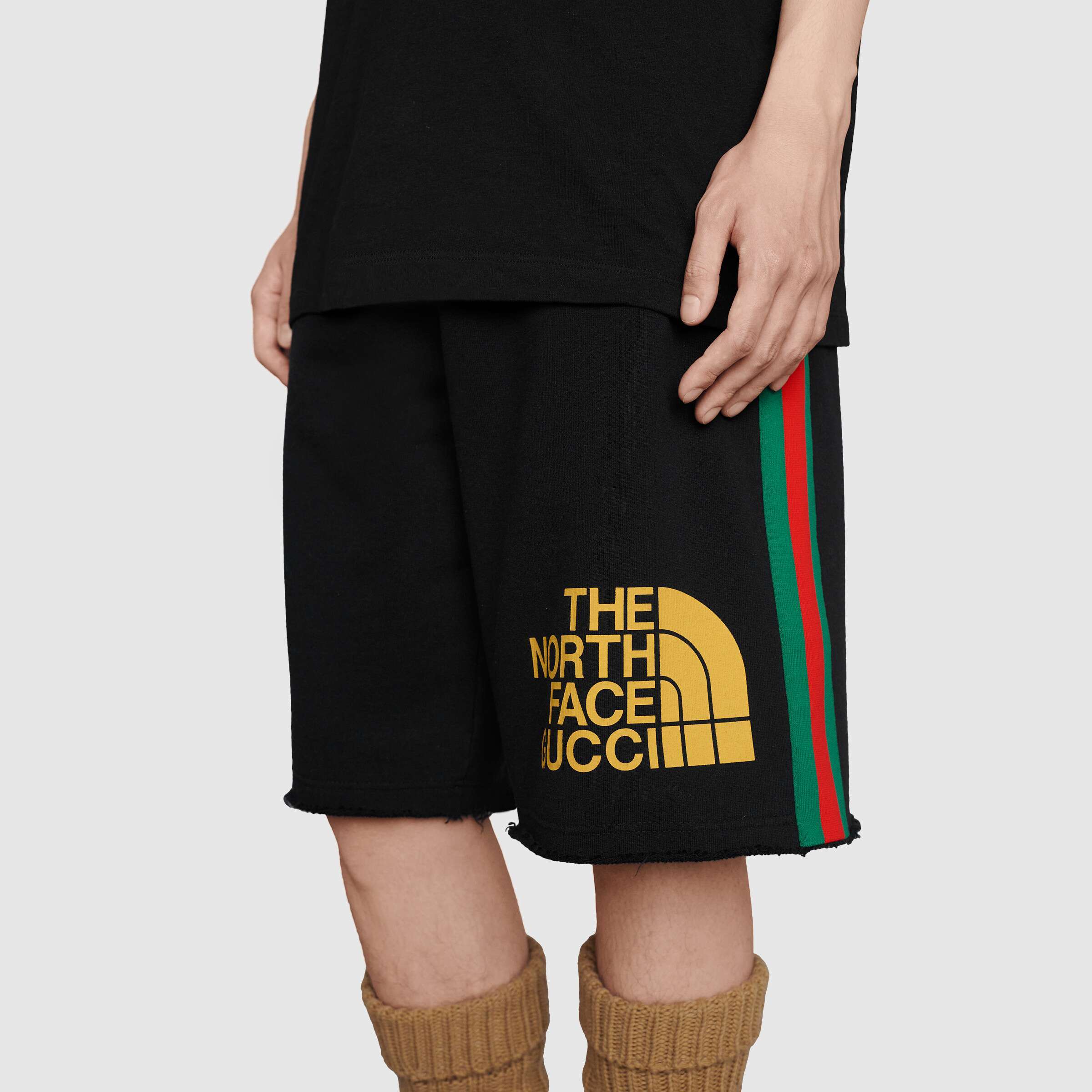 Shop Gucci The North Face X Joint Series Ribbon Printed Cotton Shorts In Black