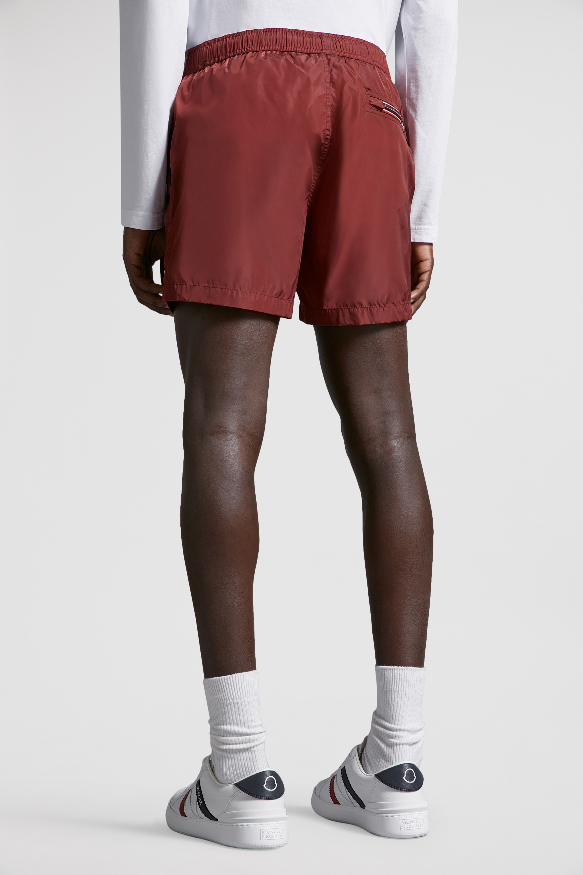 Moncler Logo Patch Nylon Swim Shorts In Red