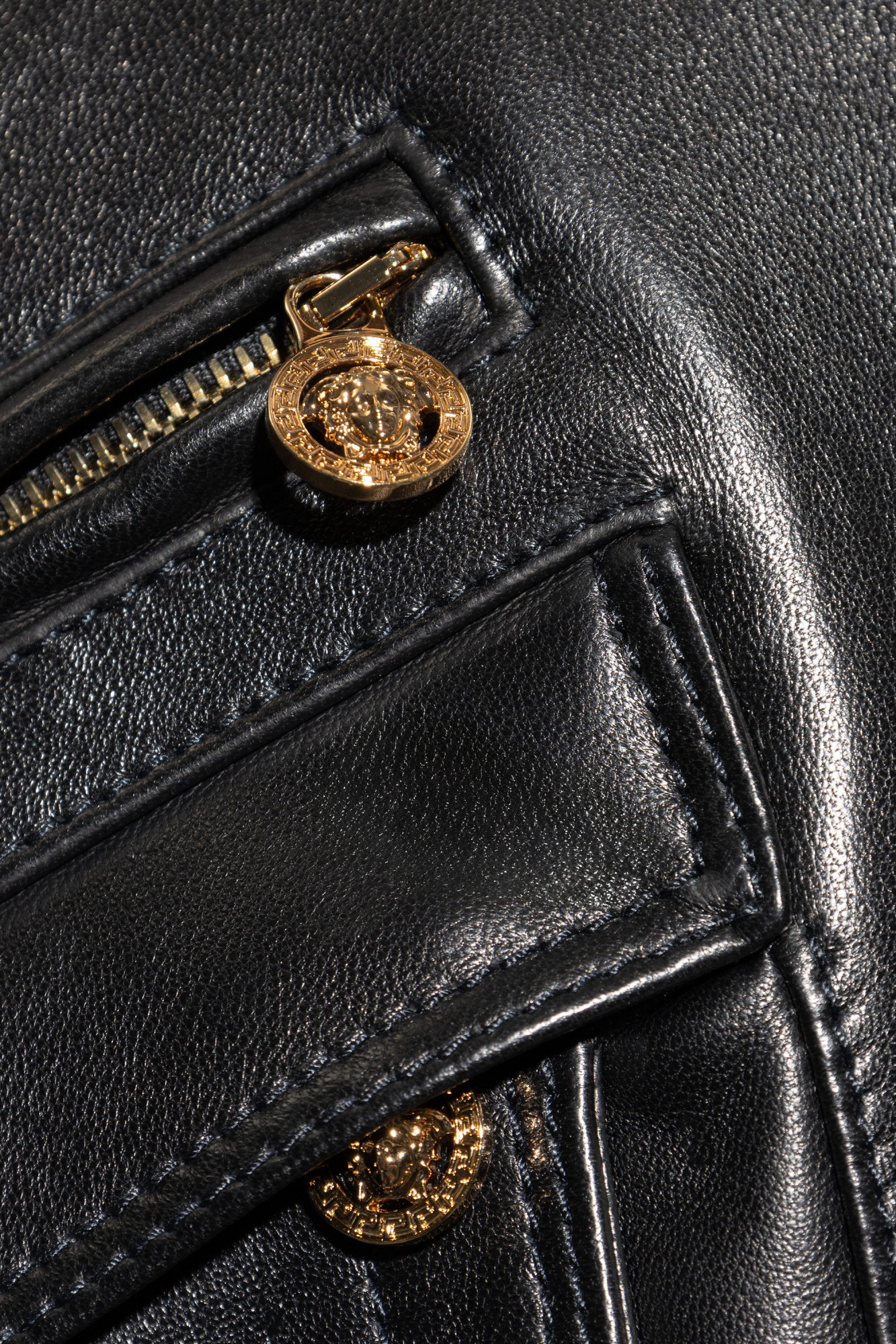 Versace Long Sleeve Leather Jacket In Black