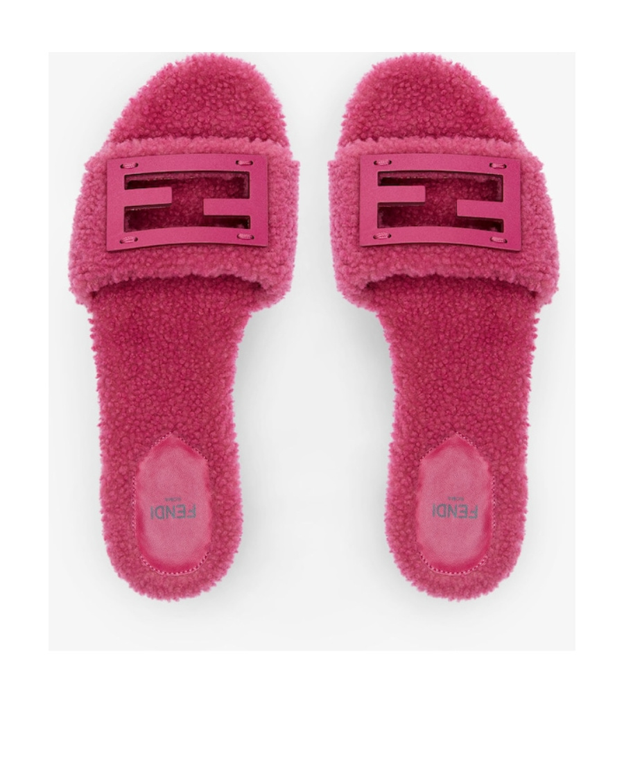 Fendi Baguette Shearling Mules In Pink