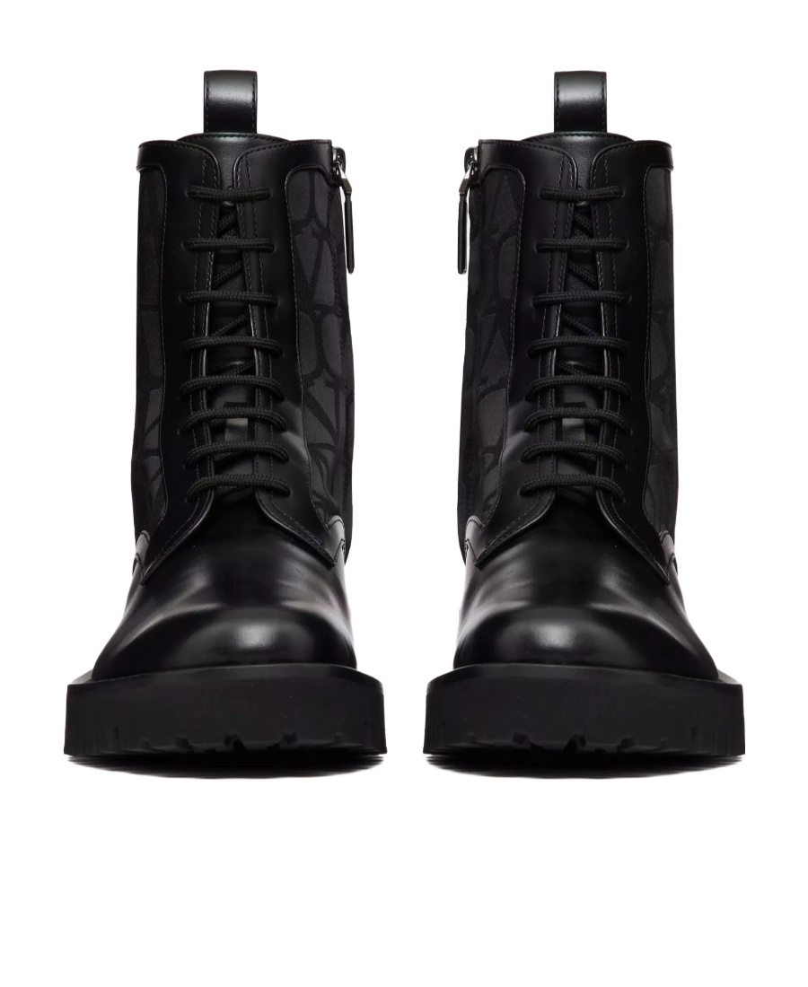 Valentino Garavani Toile Iconographe Combat Boot In Toile Iconographe Technical Fabric And Calfskin In Black