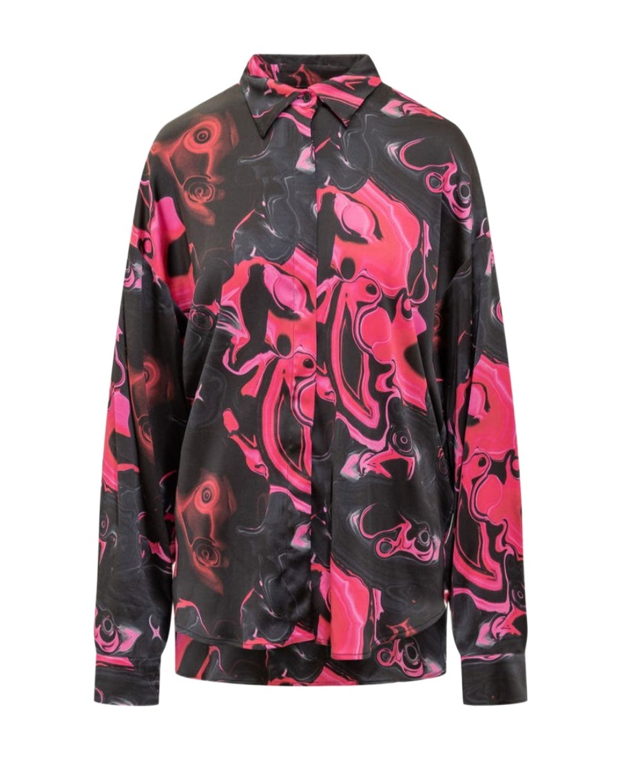 Msgm Magma-print Satin-finish Shirt In Black