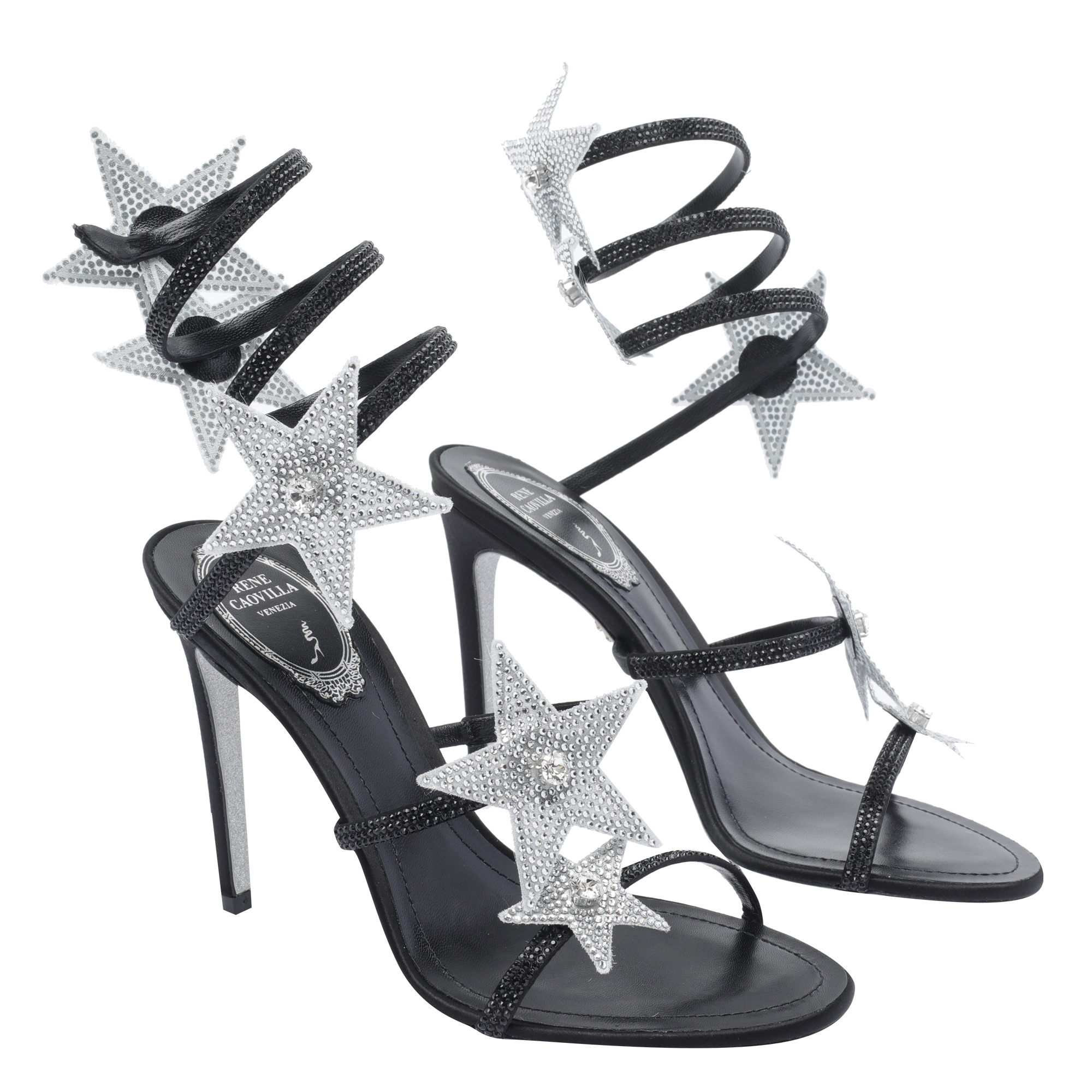 René Caovilla Round Toe High Heel Sandals In Black