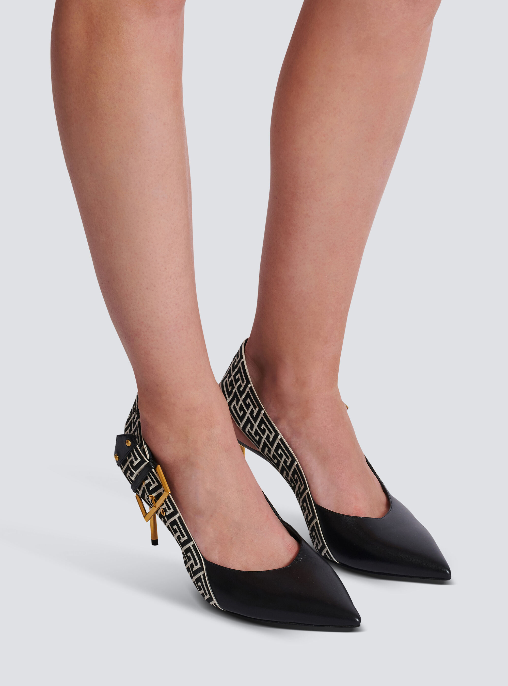 Balmain Ruby Stiletto Slingbacks In Calfskin And Pb Labyrinth Canvas In Black