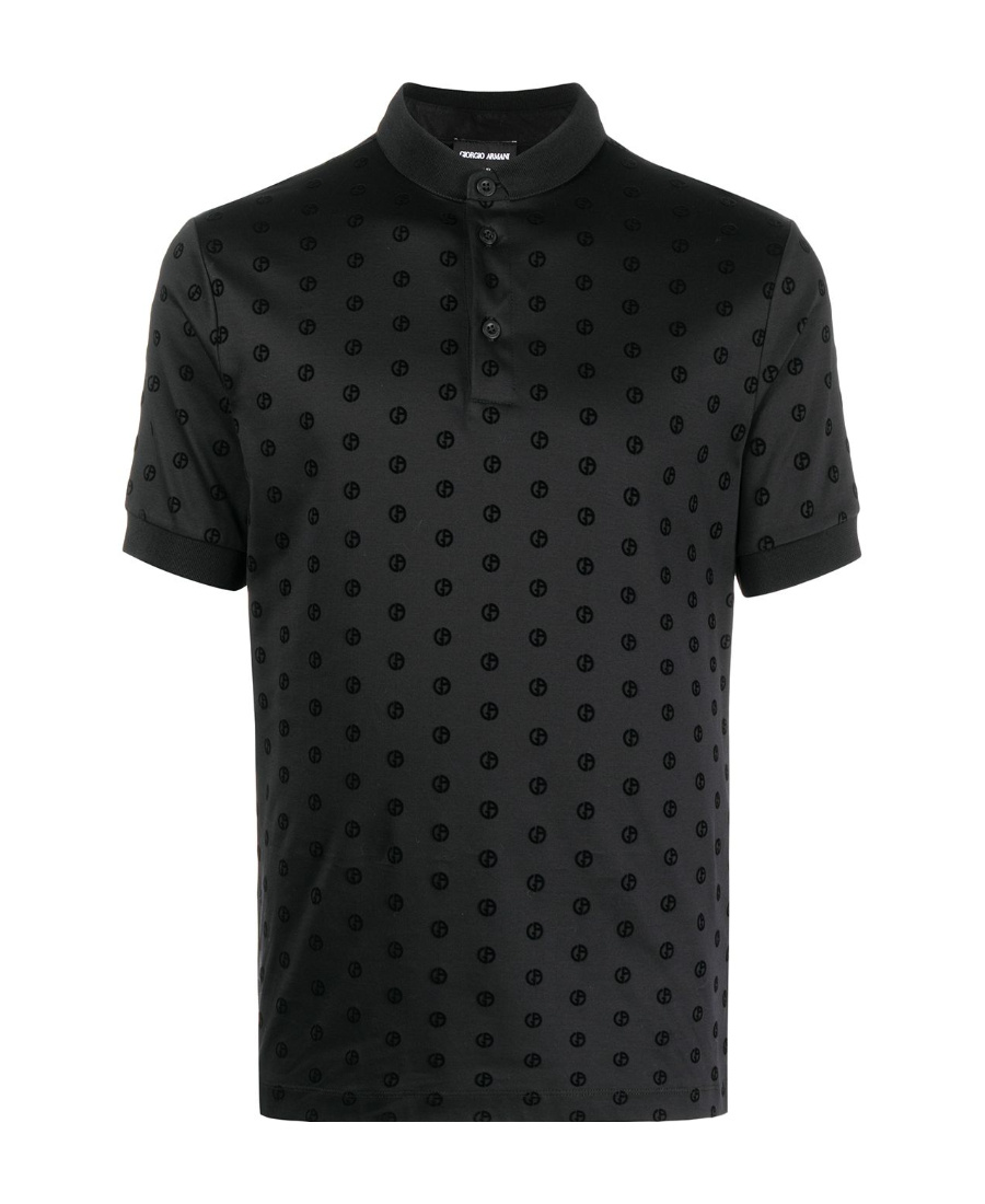 Giorgio Armani Monogram Patterned Shortsleeved Polo Shirt In Black