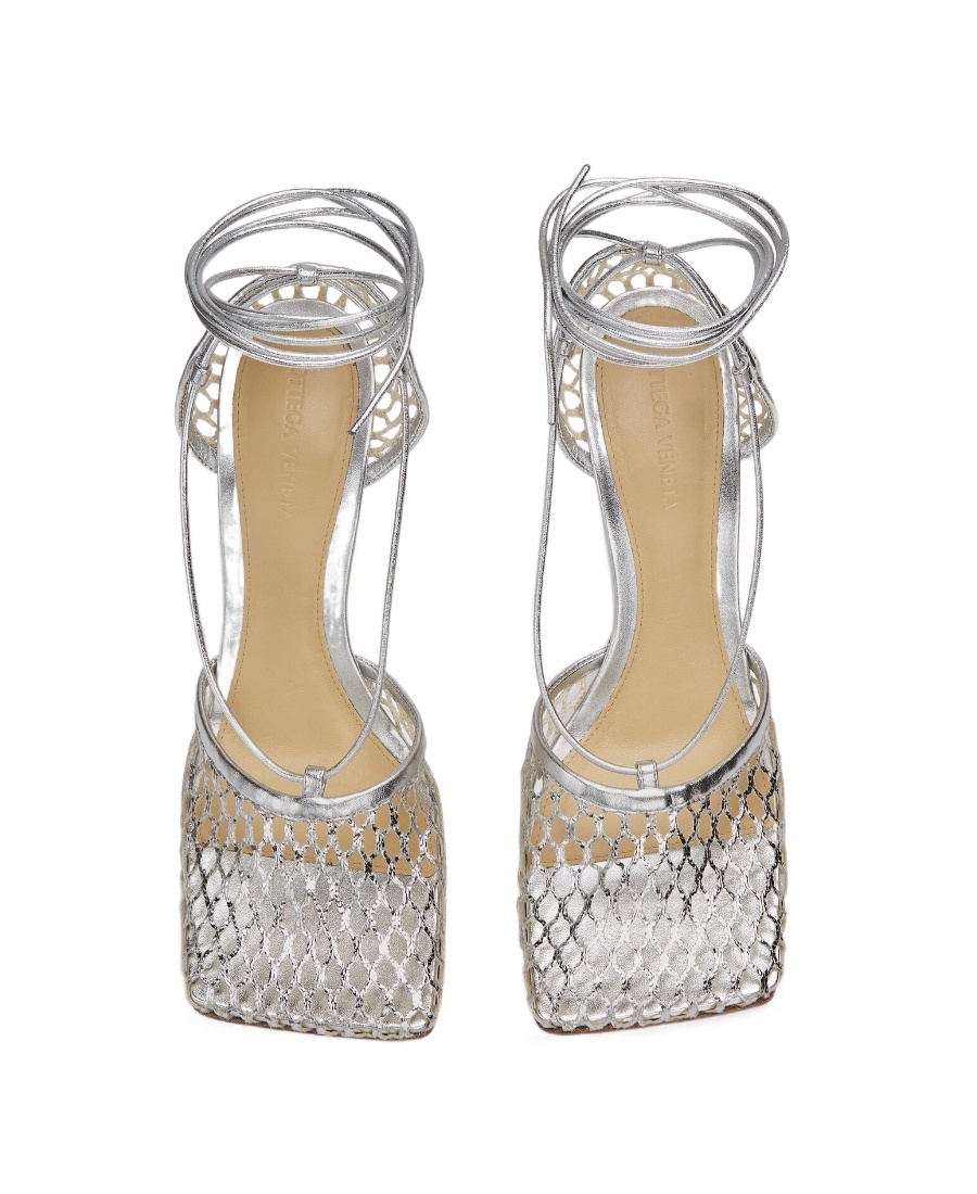 Bottega Veneta Stretch Metallic Leather Sandals In White