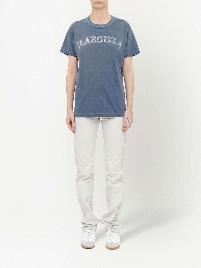 Maison Margiela Blue Crewneck T-shirt With Logo Lettering Print In Cotton Woman In Blue
