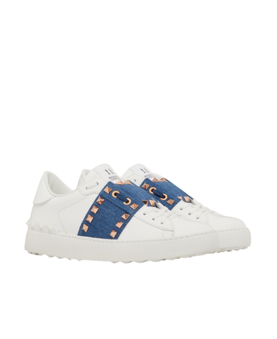 VALENTINO GARAVANI ROCKSTUD UNTITLED TRAINER IN CALFSKIN WITH DENIM BAND