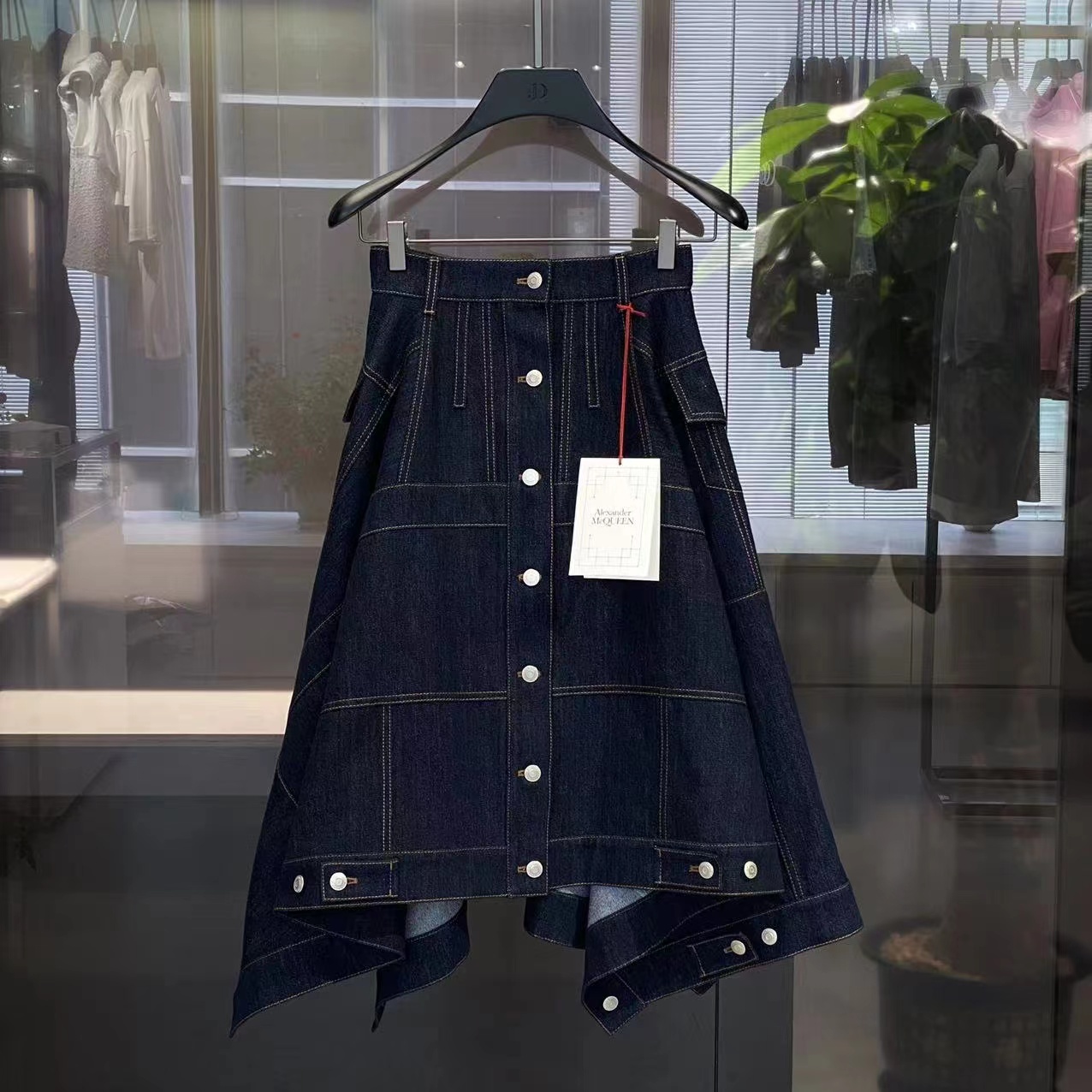 Alexander Mcqueen Full Denim Midi Skirt In Blue