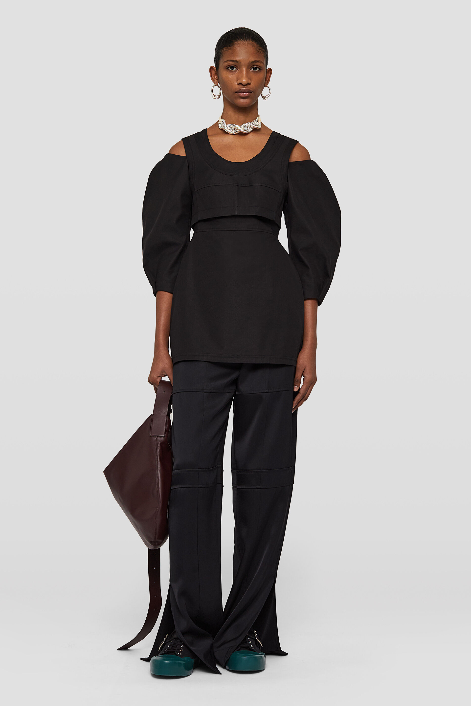 Jil Sander Gathered Cold-shoulder Top With Puff Sleeves In Black