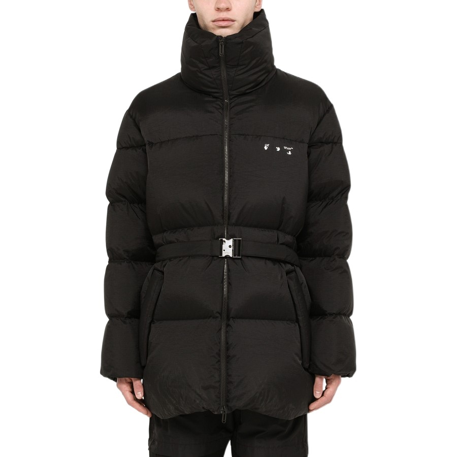 Off-white Hands Off Belted Puffer Down Jacket In Black