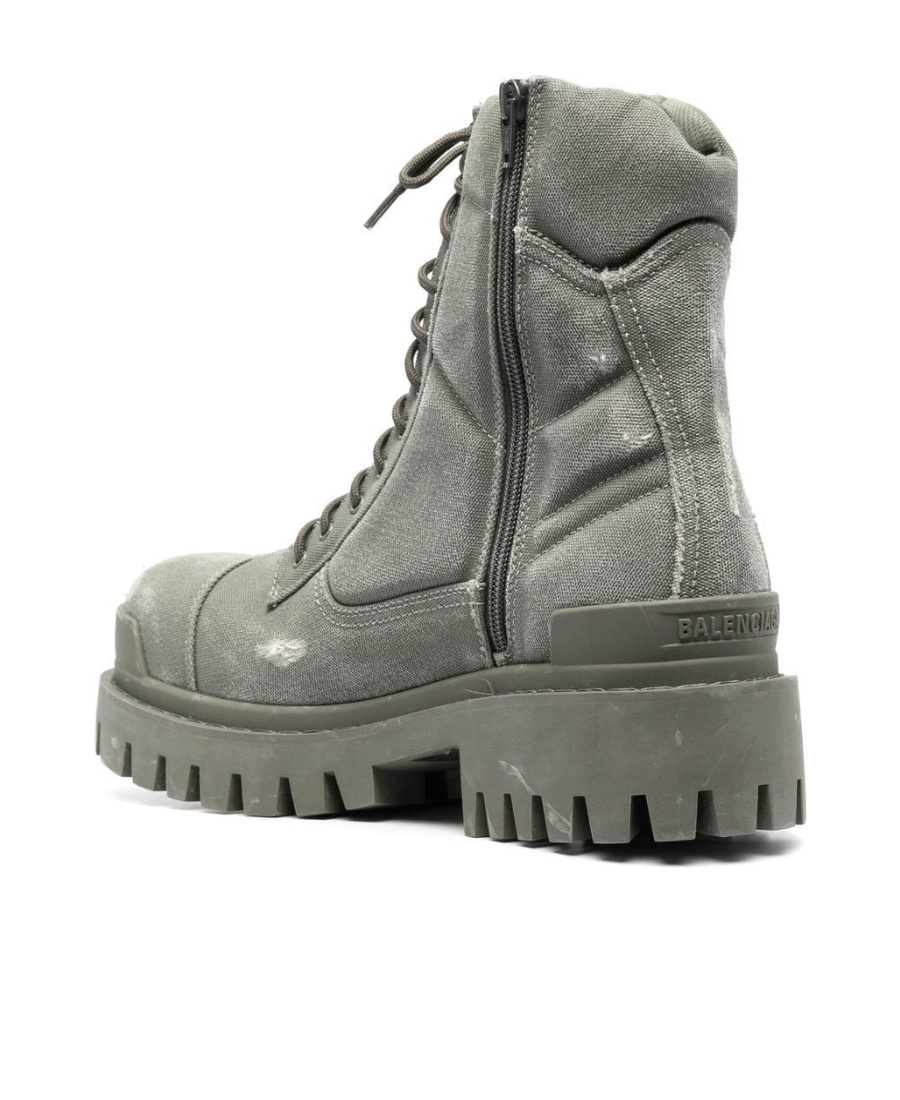 Balenciaga Mens Khaki Combat Strike Faded-wash Canvas Ankle Boots In Gray