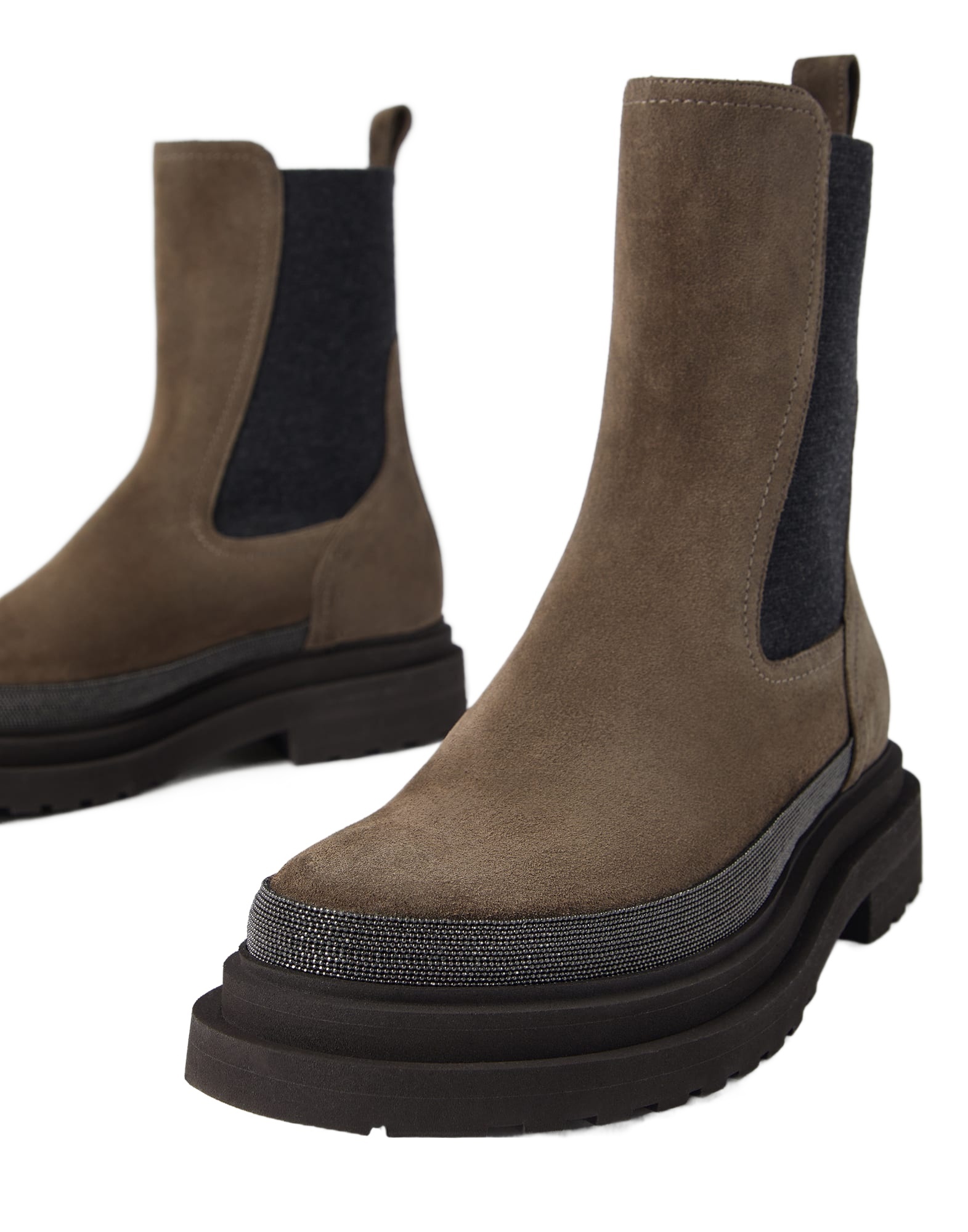 Brunello Cucinelli Chelsea Suede Ankle Boots With Precious Contour In Black