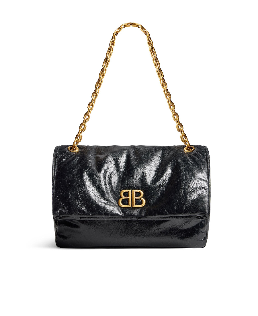 Balenciaga Black Leather Small Monaco Handbag With Chain In Black