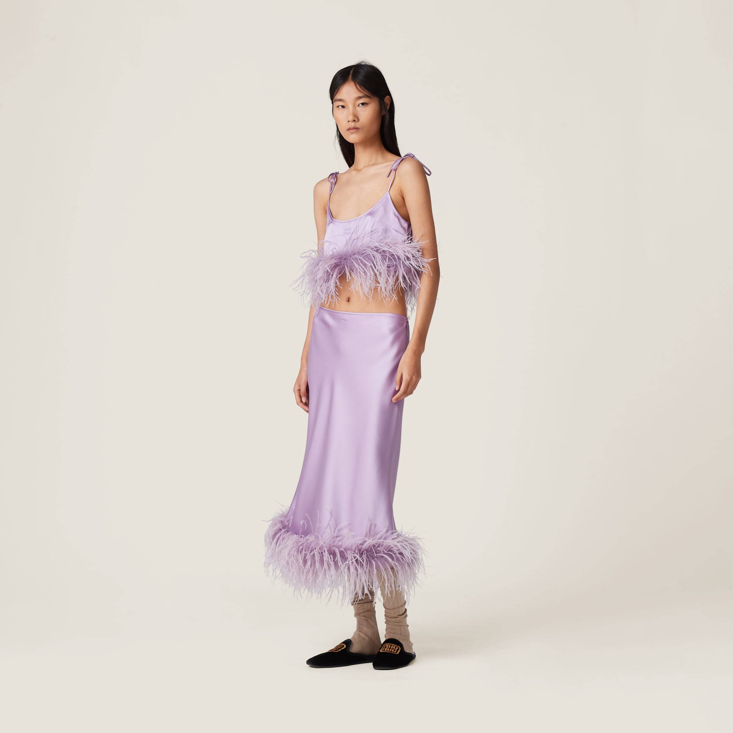 Miu Miu Feather-trimmed Satin Midi Skirt In Purple