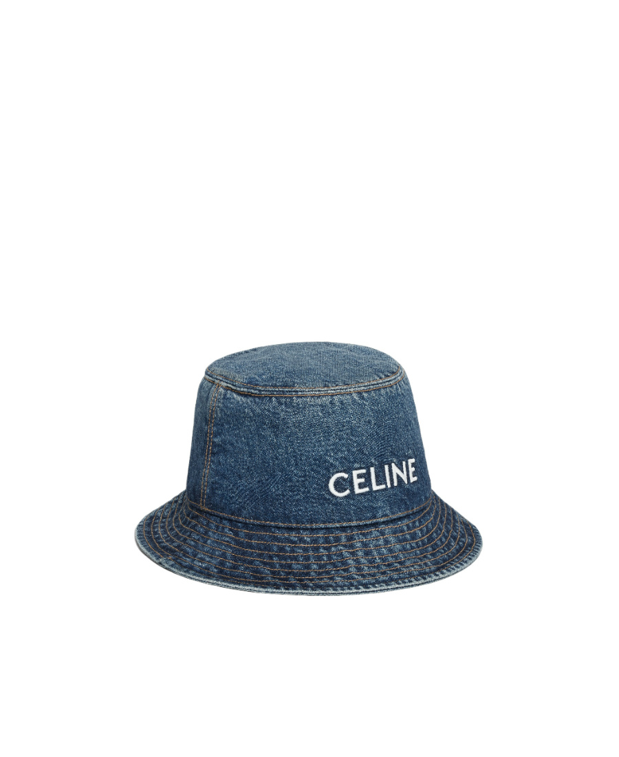 Celine Embroidered Bucket Hat In Union Wash Denim In Blue