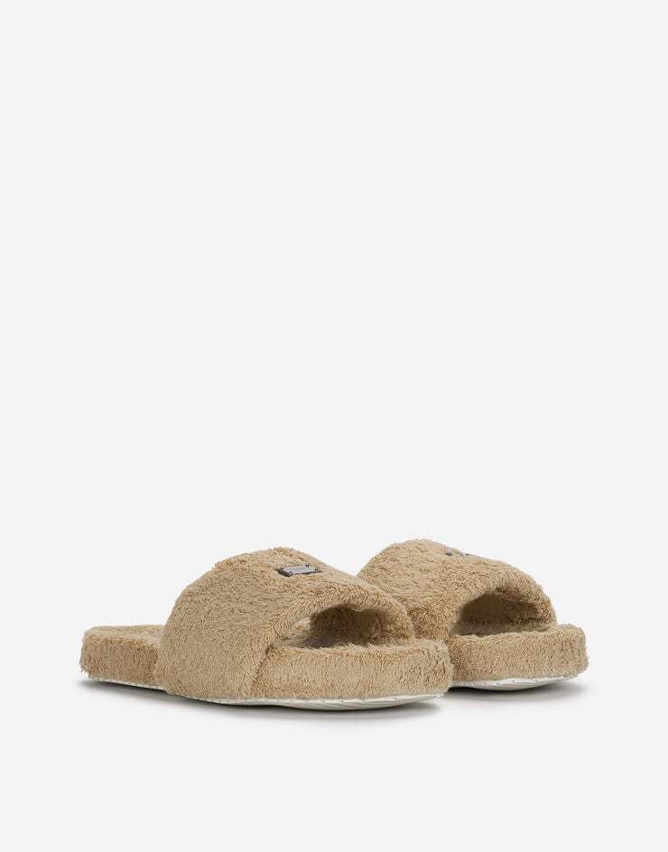 Dolce & Gabbana Terrycloth Sliders With Logo Tag In Nude