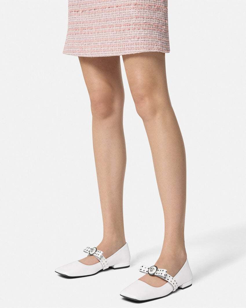 Versace Medusa Bow Open Toe Mary Jane Flat In White
