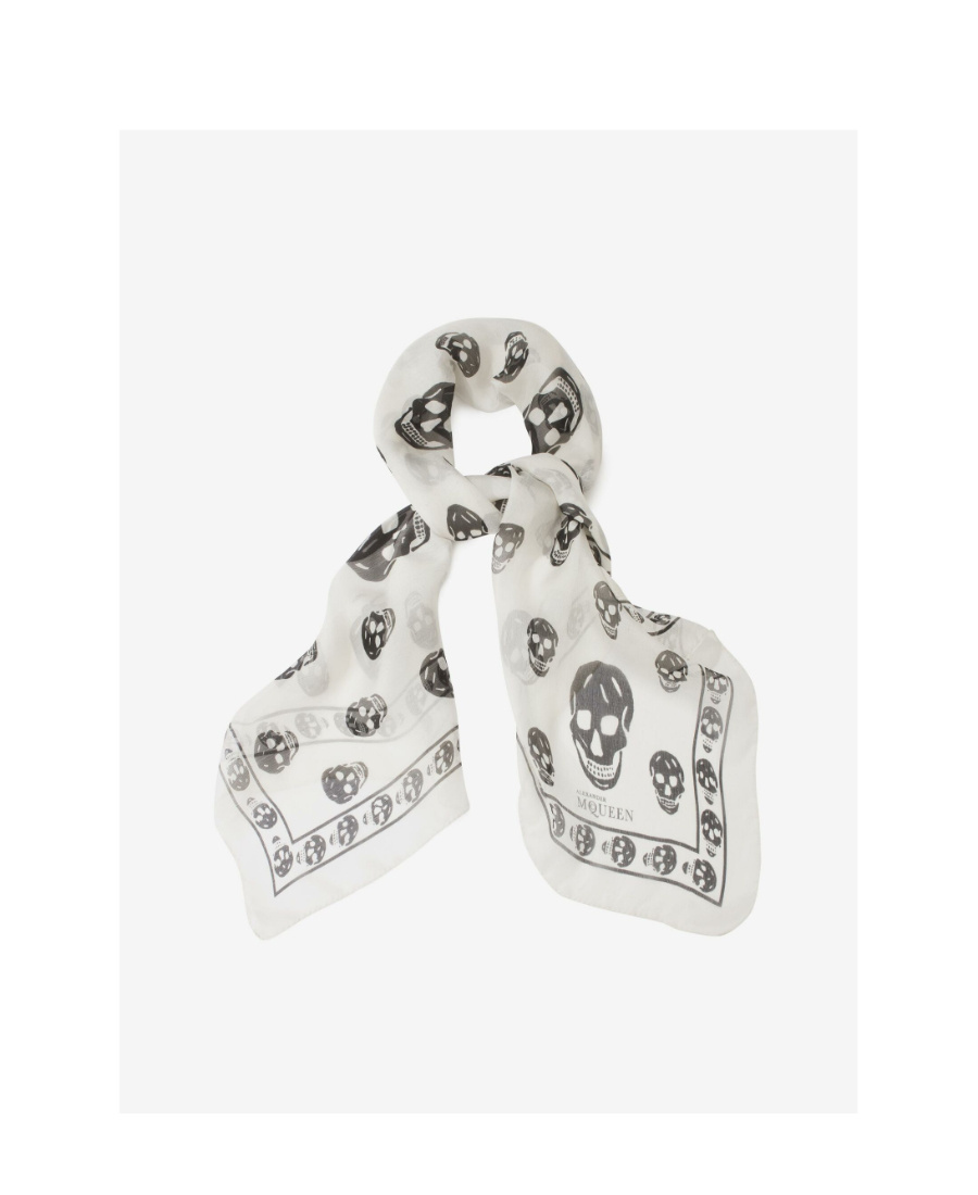 Alexander Mcqueen Classic Silk Chiffon Skull Scarf In White