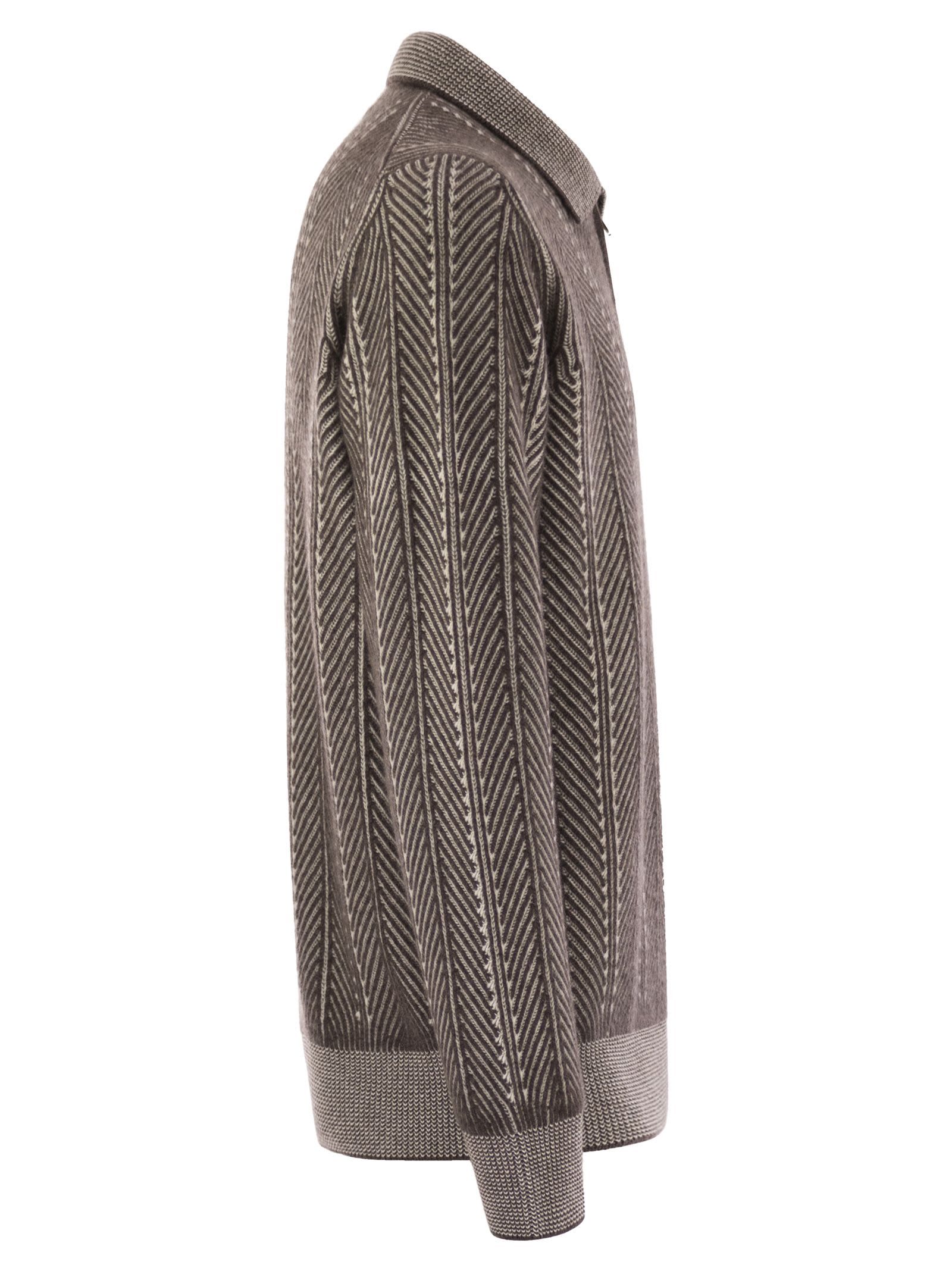 Brunello Cucinelli Herringbone-pattern Zipped Polo Shirt In Gray