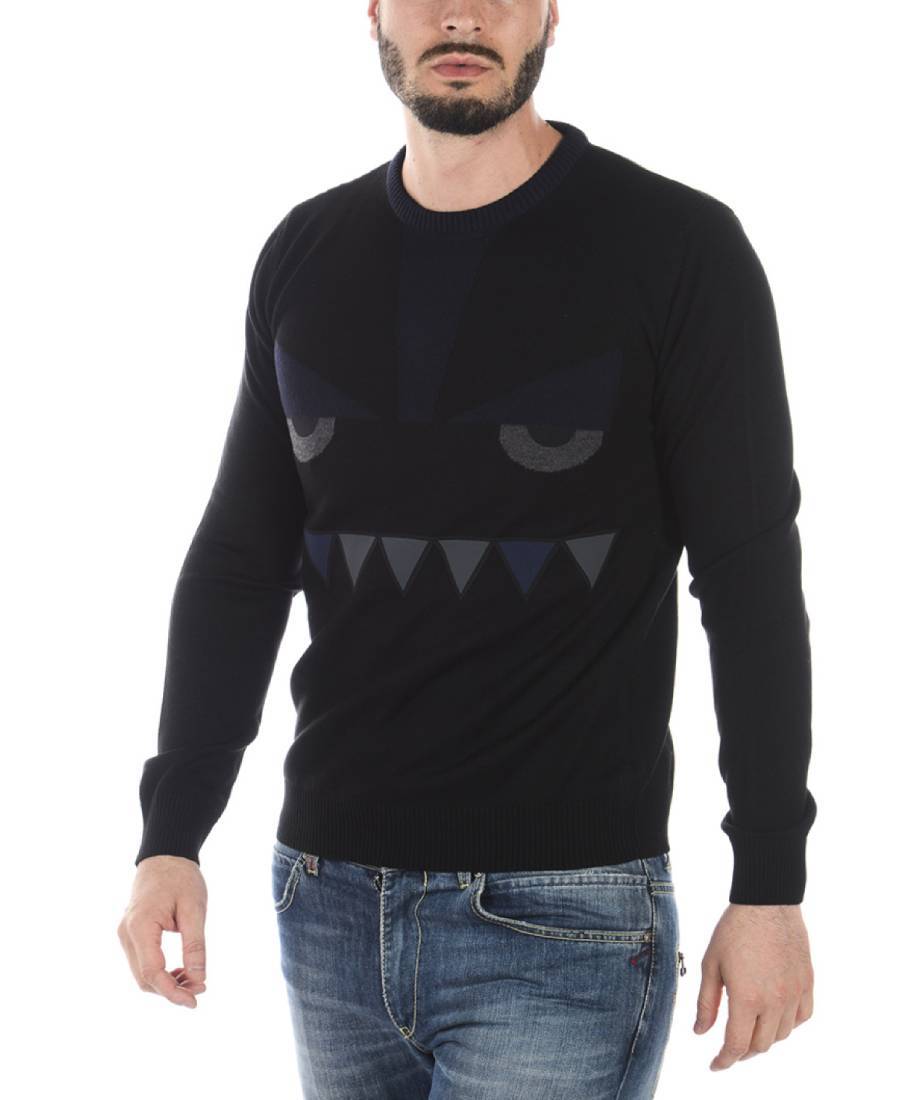 Fendi Pattern Jacquard Round Neck Pullover In Black