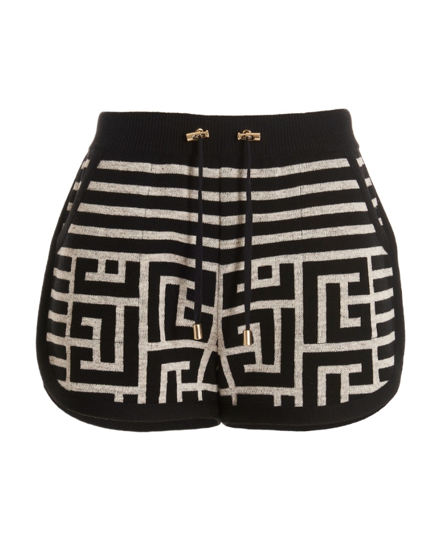 Balmain Monogram-jacquard Wool Shorts In Black