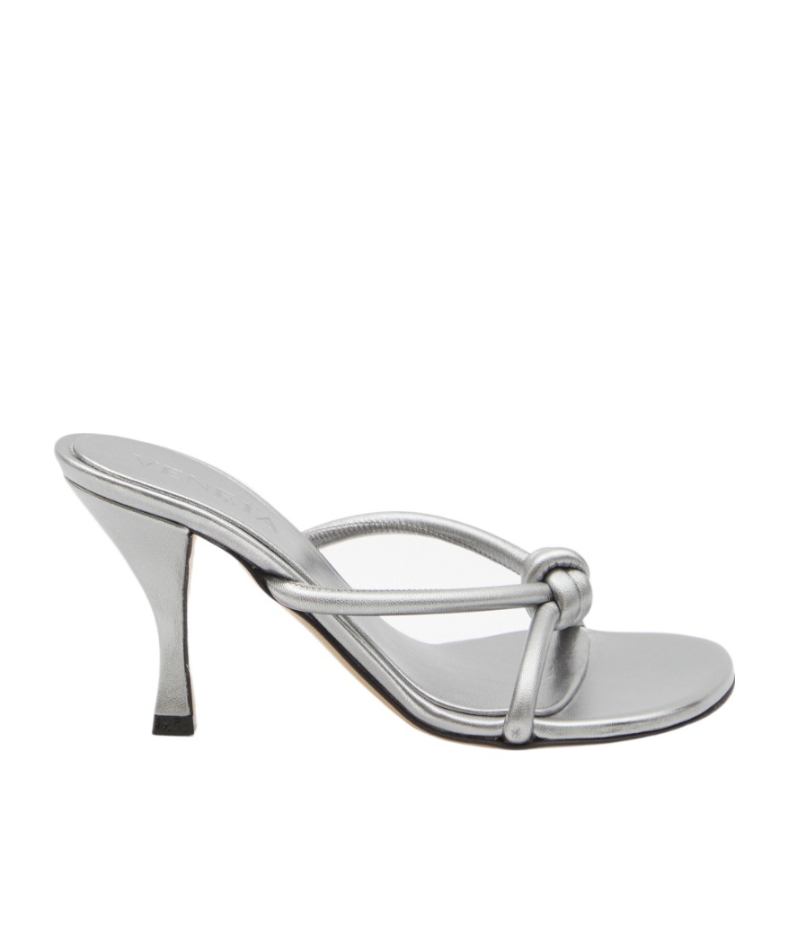 Bottega Veneta 85mm Blink Metallic Leather Sandals In Gray