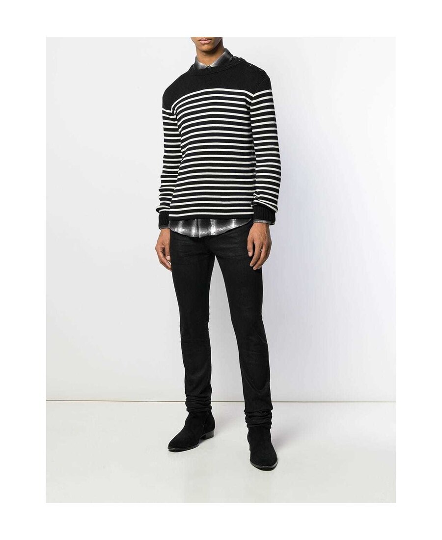 Saint Laurent Buttoned-shoulder Striped Jumper In Black
