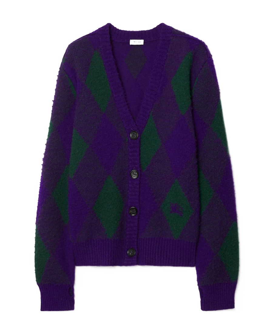 Burberry Purple Cardigan With Argyle Motif In Wool Woman In Black